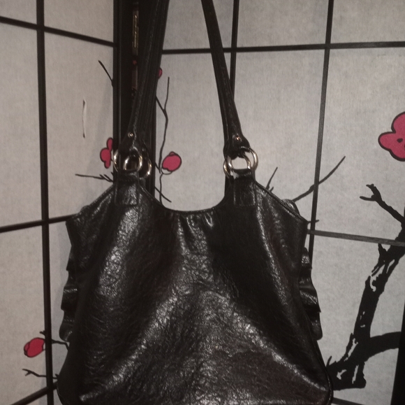 Black Ruffle Leather(like) Bag EUC Good Size! - Picture 3 of 3